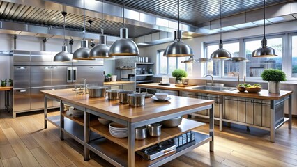 Modern commercial kitchen interior with stainless steel appliances, wooden tables, and hanging utensils, ideal for restaurant, cafe, or food business background imagery.