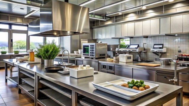 Modern commercial kitchen featuring a high-tech thermal printer on the counter, surrounded by menu boards, utensils, and culinary equipment.
