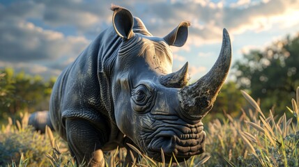 Fototapeta premium Rhinoceros in foreground with natural landscape generative ai