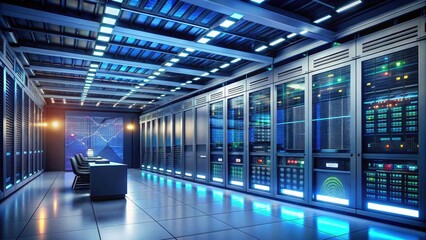 Fototapeta premium Modern server room with rows of humming servers and blinking lights, surrounded by project management tools, diagrams, and charts on walls and tables.