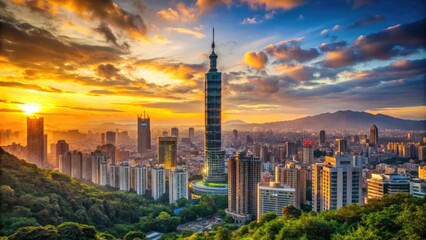 Fototapeta premium Modern skyscrapers and historic architecture blend in vibrant Taipei cityscape, featuring iconic tower with intricate design elements and bustling streets at sunset.