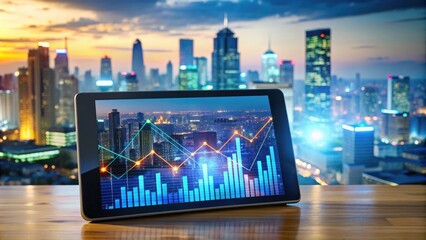 Modern tablet displays financial market analytics and graphs against blurred cityscape background, symbolizing innovative digital banking and financial technology services.