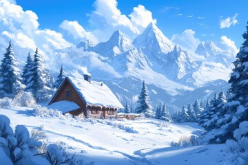 Cabin nestled in snowy mountains. Perfect for a winter wonderland theme, holiday cards, or cozy travel brochures.