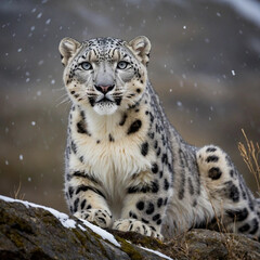Obraz premium Snow Leopard in Mountainous Terrain – Endangered Big Cat of the Himalayas