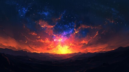 A Fiery Sunset over a Silhouetted Mountain Range Under a Starry Sky