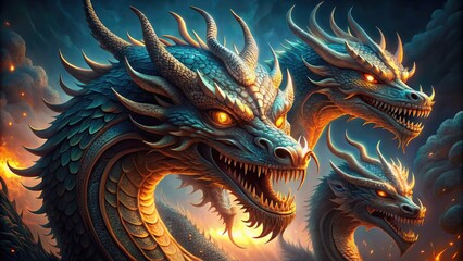 Mythical serpent dragon beast with five distinct heads, each with sharp teeth and glowing eyes, entwined in a mesmerizing display of ancient mystical power.