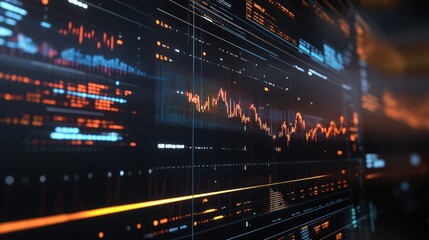 Fototapeta premium Digital Screen Displaying Financial Data with Orange and Blue Lights