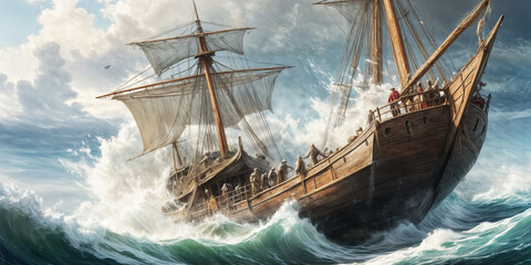 Obraz premium a beautifully crafted watercolor painting of a ship in a stormy sea.