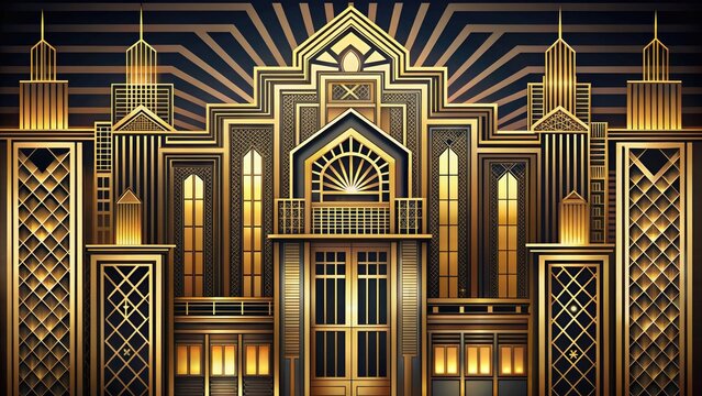 Opulent Art Deco-inspired illustration of a majestic building with ornate geometric patterns, metallic accents, and luxurious curves, evoking 1920s elegance and sophistication.