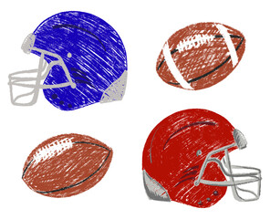 American Football Helmet and Ball Chalk Textured. Pencil texture sports elements collection. Child hand drawing icon. Set of freehand crayon drawn vector illustration isolated on white background 