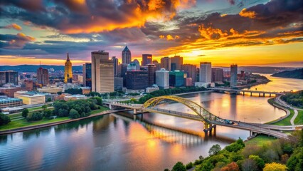 Panoramic aerial view of Pittsburgh's skyline at sunset, showcasing the confluence of the Allegheny and Monongahela rivers and the city's iconic steel bridges.