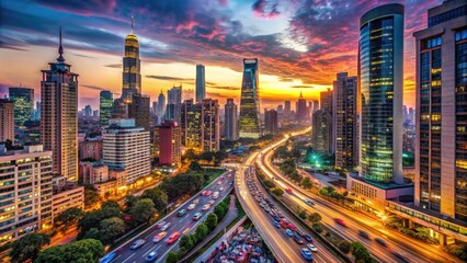 Naklejka premium Panoramic view of a bustling metropolis at dusk, featuring towering skyscrapers, neon lights, and busy streets filled with cars, buses, and vibrant urban activity.