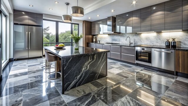 Polished granite floor tiles in a modern kitchen, with subtle waves and flecks of silver, grey, and black, creating a sophisticated and luxurious ambiance.