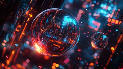 A Transparent Sphere Reflecting a Cityscape with Glowing Lights