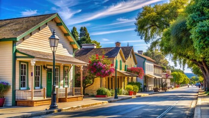 Quaint downtown main street with historic adobe buildings, rustic wooden sidewalks, and charming small-town charm in picturesque San Juan Bautista, California.