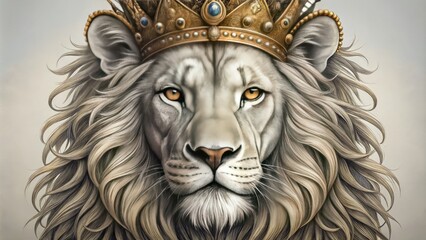 Regal lion with ornate crown, meticulously illustrated in precise pencil strokes, showcasing intricate textures, bold lines, and majestic facial features in exquisite detail.