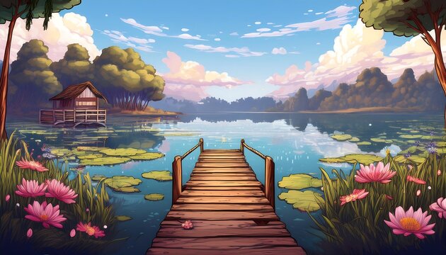 Pixelated Lakeside View - tranquil lakeside scene with a small wooden pier jutting into the lake. Game design asset. Graphic art 8 bit illustration poster