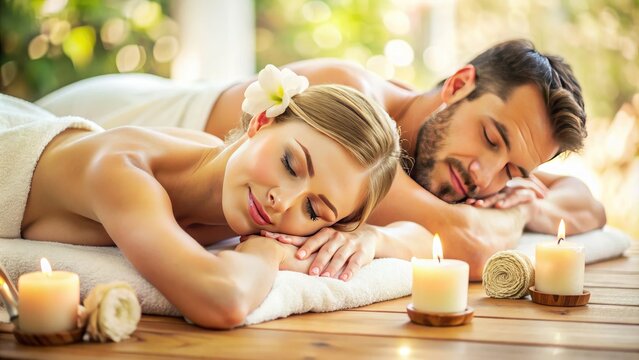 Relaxed pair receiving a rejuvenating spa treatment, gentle hands kneading away tension, serene atmosphere, and soft focus emphasize relaxation and romantic getaway.