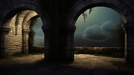 Illuminated Stone Arches Leading To A Scenic Overlook