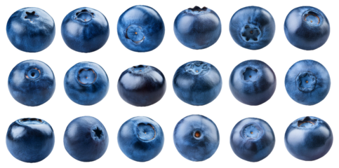 Various fresh blueberries arranged in different patterns isolated on transparent background