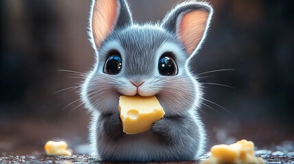 Cute, fluffy bunny with big eyes is happily nibbling on a piece of cheese, surrounded by small cheese bits