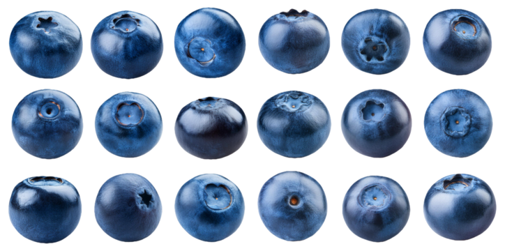 Various fresh blueberries arranged in different patterns isolated on transparent background