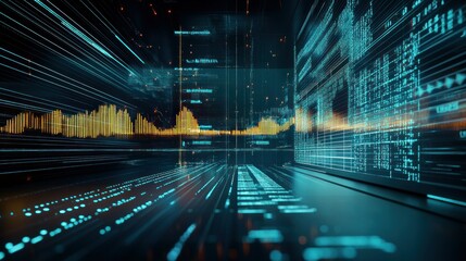 Abstract Digital Data Visualization with Glowing Lines and Code