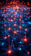 Obraz premium Futuristic, glowing network of red and blue nodes connected by lines, resembling a digital data grid
