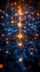 Image features an abstract network of interconnected nodes and glowing lines with bright, luminous points and radiant energy patterns