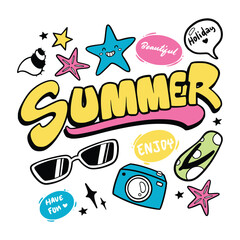 Hand-drawn summer doodle collection with sun, ice cream, flip-flops, and beach vibes. Perfect for fun, warm-weather designs, invitations, and seasonal projects