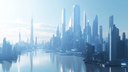 Obraz premium A Futuristic Cityscape with Tall Buildings and a Waterway