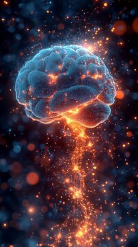 Glowing, intricately detailed digital illustration of a human brain with neural connections highlighted by bright, sparkling lights