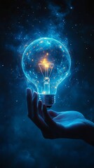 Hand holds a glowing, blue light bulb against a dark, starry background, symbolizing creativity and inspiration in space