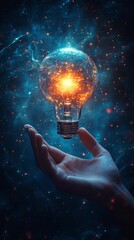 Hand is holding a glowing lightbulb against a cosmic background filled with vibrant colors and shimmering stars