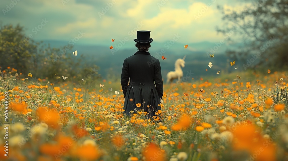 Wall mural person in a black coat and top hat stands in a flower field, facing a distant white unicorn