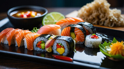In the evening, the dining table is beautifully set with gourmet sushi - brightly colored pieces of sashimi with shiny surfaces -7