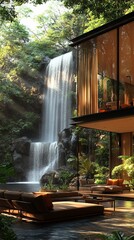 Fototapeta premium Modern house with glass walls is situated near a stunning waterfall surrounded by lush greenery and tropical plants