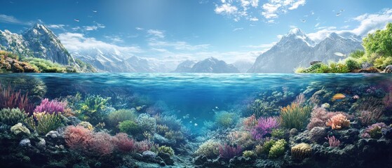 Underwater Coral Reef with Mountains and Blue Sky