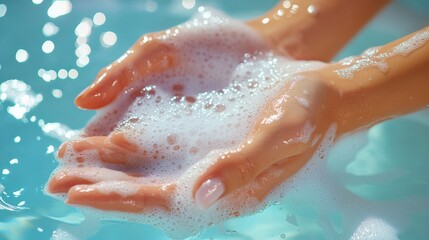 Fototapeta premium Pair of hands cupped together is holding soapy water, with foamy bubbles against a light blue background