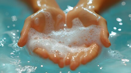 Fototapeta premium Two cupped hands are filled with soapy bubbles, surrounded by water, creating a sense of cleanliness and freshness