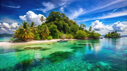 Sandy white shores and crystal-clear turquoise waters surround lush green forests on Bangka Island, Indonesia, a serene tropical paradise.