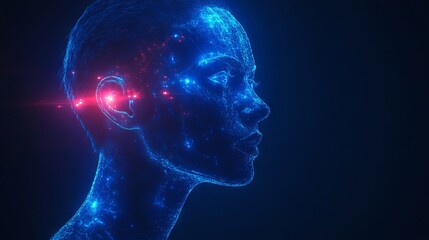 Obraz premium Digital, futuristic representation of a human profile with glowing blue lines and red accents on a dark background