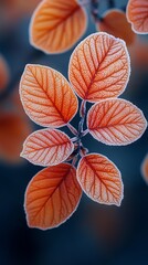 Obraz premium Image shows vibrant orange leaves with delicate frost outlining their edges, creating a striking contrast against a blurred background