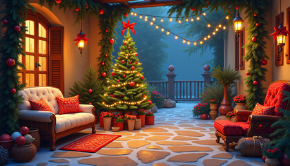 A beautiful Indian-style Christmas scene featuring a blend of decorations, lights, and festive ambiance for a charming holiday look