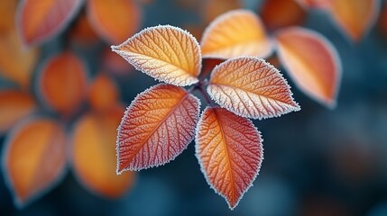 Obraz premium Cluster of autumn leaves rimmed with frost, displaying vibrant red and orange hues against a blurred background
