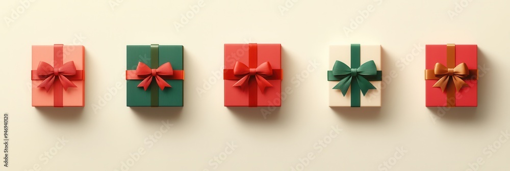 Poster brightly colored geometric gift boxes with ribbons and bows are arranged in a minimalistic display f