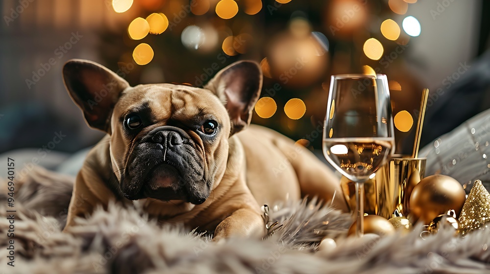 Sticker A cozy scene featuring a French Bulldog beside festive decorations and glasses of drinks.