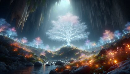 Fototapeta premium Bioluminescent Beauties Glowing Light in Cave 4K HDR Ultra HD Wallpaper