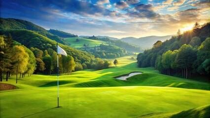 Serene golf course scene featuring a lush green hole with a white flag waving gently in the breeze, surrounded by rolling hills and verdant trees.