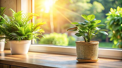 Serene interior scene featuring a lush green houseplant in a decorative planter sitting on a sunny windowsill with soft, filtered natural light and blurred background.